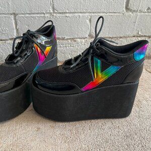 YRU Platform Shoes, Black, Rainbow Iridescent, Size 8